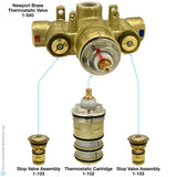 Newport Brass 3/4" Thermostatic Valve 1-540, Thermostatic Cartridge 1-102, Stop Valve Assembly 1-103